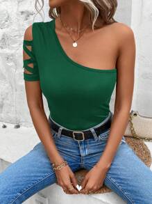 SHEIN LUNE Criss Cross One Shoulder Tee - Dark Green - View 5