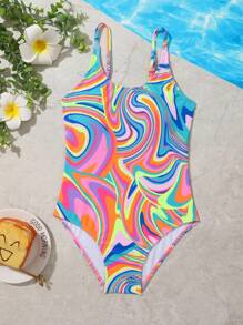 Tween Girl Allover Print One Piece Swimsuit - Multicolor - View 1