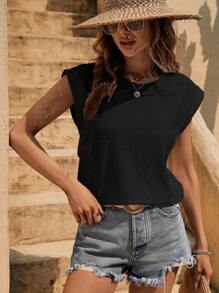 SHEIN LUNE 網眼刺繡罩袖T恤 - 黑色 - 查看 1