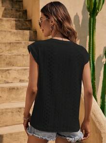 SHEIN LUNE 網眼刺繡罩袖T恤 - 黑色 - 查看 2