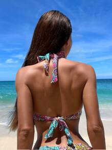 SHEIN Swim Summer Allover Print Knot Front Halter Push Up Bikini Top - Multicolor - View 2