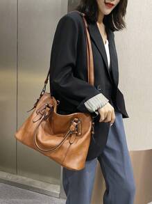 简约时尚带扣细节单肩手提包潮流钱包套装，引人注目的女士工作包