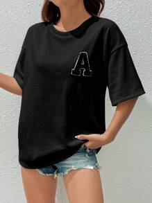 SHEIN EZwear Summer Letter Patched Drop Shoulder Tee - Black - View 4