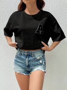 SHEIN EZwear Summer Letter Patched Drop Shoulder Tee - Black - View 7