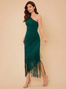 SHEIN Belle Vestido con escote asimétrico, detalles de flecos, drapeado, elegante vestido de cóctel semi formal para fiesta de graduación, cena, baile de graduación, fiesta, boda