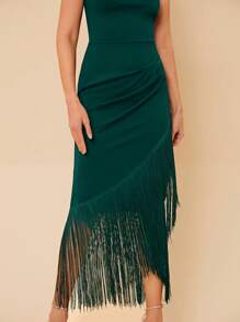 SHEIN Belle Vestido con escote asimétrico, detalles de flecos, drapeado, elegante vestido de cóctel semi formal para fiesta de graduación, cena, baile de graduación, fiesta, boda