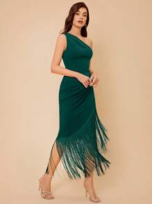 SHEIN Belle Vestido con escote asimétrico, detalles de flecos, drapeado, elegante vestido de cóctel semi formal para fiesta de graduación, cena, baile de graduación, fiesta, boda