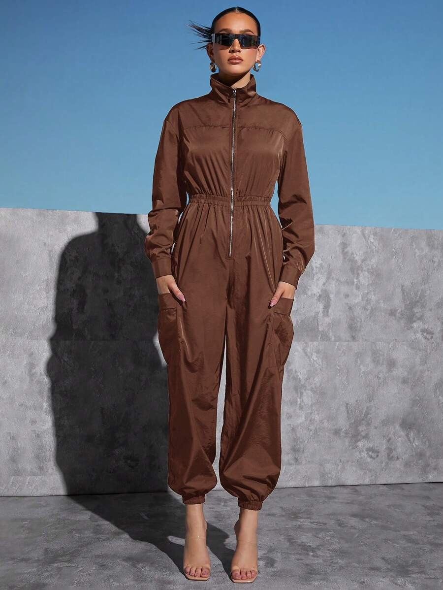 SHEINNeu Dual Pocket Drop Shoulder Zip Up Jumpsuit - Chocolate Brown - View 1