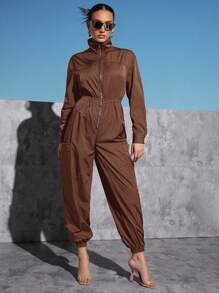 SHEINNeu Dual Pocket Drop Shoulder Zip Up Jumpsuit - Chocolate Brown - View 3