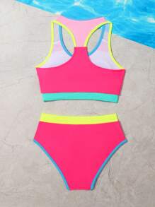 SHEIN Girls Colourblock Contrast Binding Bikini Swimsuit - Hot Pink - View 2