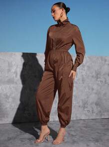 SHEINNeu Dual Pocket Drop Shoulder Zip Up Jumpsuit - Chocolate Brown - View 4