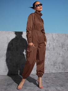 SHEINNeu Dual Pocket Drop Shoulder Zip Up Jumpsuit - Chocolate Brown - View 5