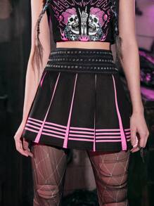 ROMWE Grunge Punk Studded Striped Pleated Skirt - Black - View 1