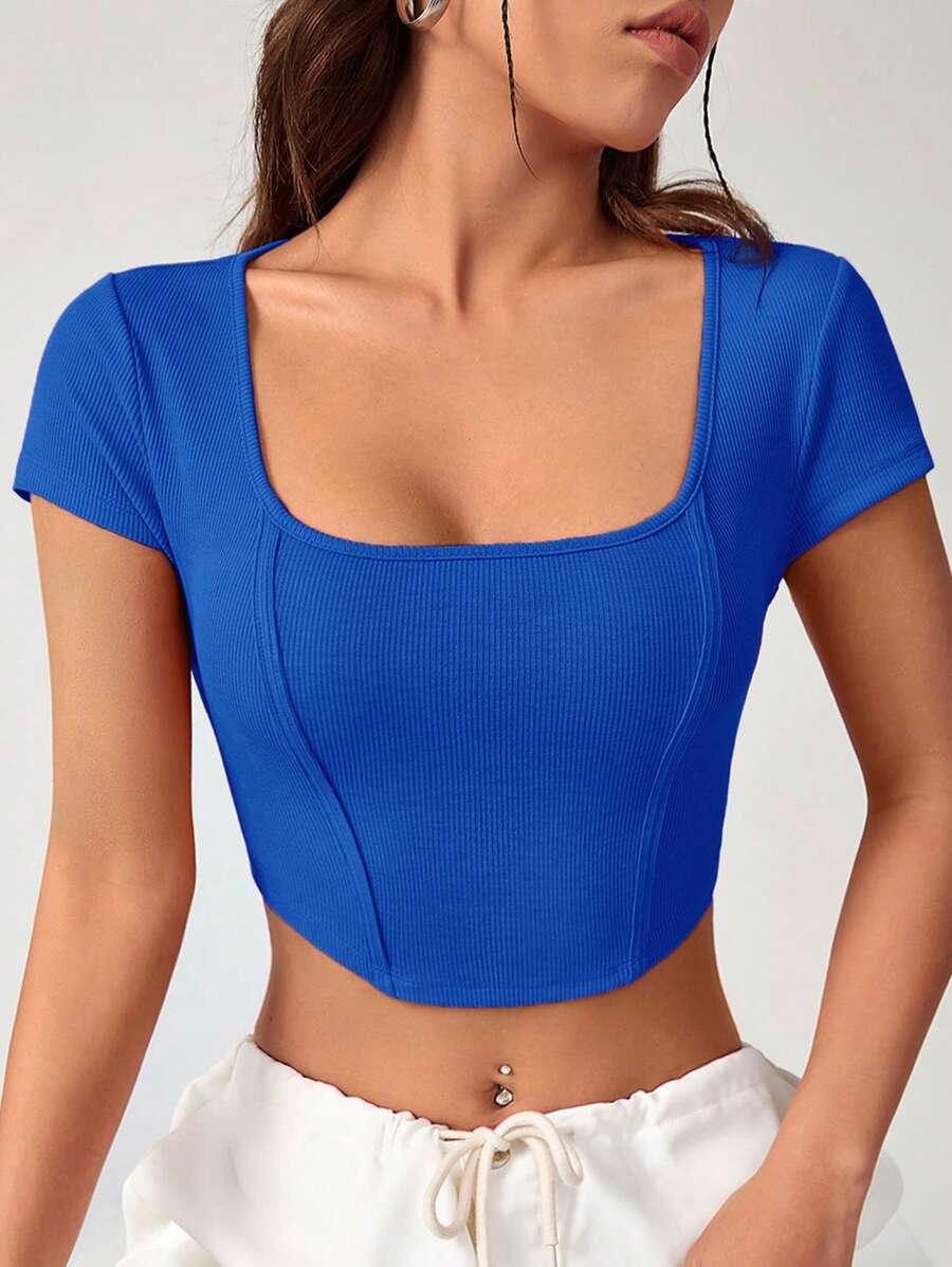 SHEIN EZwear Áo thun nữ Bất đối xứng Gân đan màu trơn Giải trí - Màu xanh lam - Xem 1