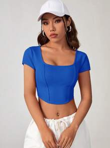 SHEIN EZwear Áo thun nữ Bất đối xứng Gân đan màu trơn Giải trí - Màu xanh lam - Xem 2