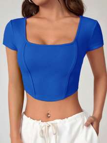 SHEIN EZwear Áo thun nữ Bất đối xứng Gân đan màu trơn Giải trí - Màu xanh lam - Xem 3