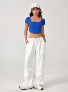 SHEIN EZwear Áo thun nữ Bất đối xứng Gân đan màu trơn Giải trí - Màu xanh lam - Xem 4