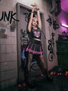 ROMWE Grunge Punk Studded Striped Pleated Skirt - Black - View 4