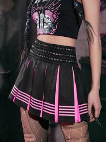 ROMWE Grunge Punk Studded Striped Pleated Skirt - Black - View 6