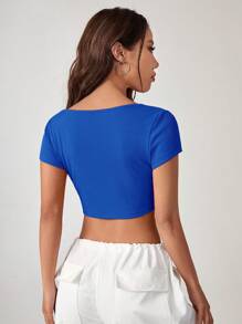 SHEIN EZwear Áo thun nữ Bất đối xứng Gân đan màu trơn Giải trí - Màu xanh lam - Xem 9