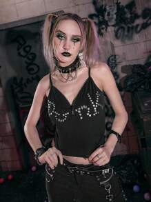 ROMWE Grunge Punk 字母前拉鍊吊帶短上衣 - 黑色 - 查看 1