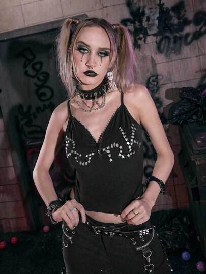 ROMWE Grunge Punk Letter Zipper Front Crop Cami Top