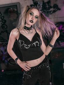 ROMWE Grunge Punk 字母前拉鍊吊帶短上衣 - 黑色 - 查看 3