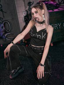 ROMWE Grunge Punk 字母前拉鍊吊帶短上衣 - 黑色 - 查看 4