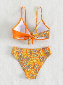 Summer Floral Print Twist Front Push Up Bikini Set - Orange - View 2