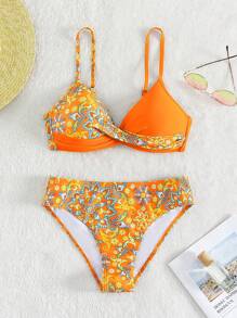 Summer Floral Print Twist Front Push Up Bikini Set - Orange - View 3