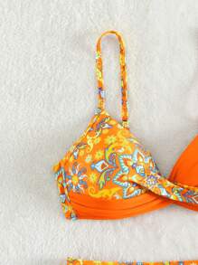 Summer Floral Print Twist Front Push Up Bikini Set - Orange - View 4