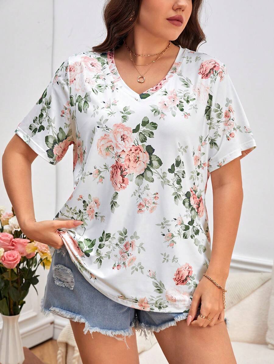 SHEIN LUNE Camiseta con estampado floral de cuello V - Blanco - Ver 1