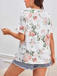 SHEIN LUNE Camiseta con estampado floral de cuello V - Blanco - Ver 2