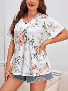 SHEIN LUNE Camiseta con estampado floral de cuello V - Blanco - Ver 3