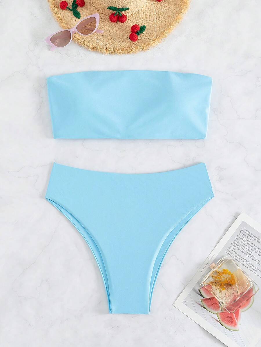 SHEIN Swim Bộ Bikini Nữ Ren lên màu trơn - Màu xanh nhạt - Xem 1
