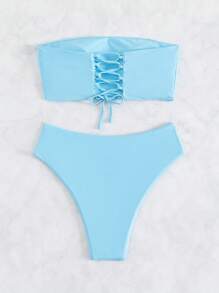 SHEIN Swim Bộ Bikini Nữ Ren lên màu trơn - Màu xanh nhạt - Xem 2
