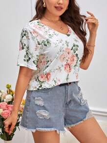 SHEIN LUNE Camiseta con estampado floral de cuello V - Blanco - Ver 5