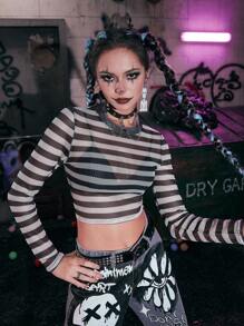 ROMWE Grunge Punk Striped Mesh Crop Top - Black and White - View 1
