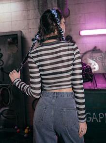 ROMWE Grunge Punk Striped Mesh Crop Top - Black and White - View 2