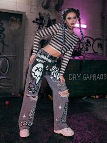 ROMWE Grunge Punk Striped Mesh Crop Top - Black and White - View 3