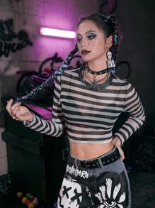 ROMWE Grunge Punk Striped Mesh Crop Top - Black and White - View 5