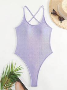 Solid Backless One Piece Swimsuit - Purple - View 3