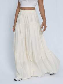 SHEIN EZwear Solid Ruffle Hem Maxi Skirt - Beige - View 1