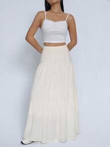 SHEIN EZwear Solid Ruffle Hem Maxi Skirt - Beige - View 3