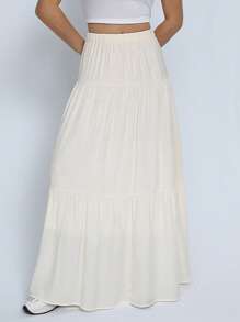 SHEIN EZwear Solid Ruffle Hem Maxi Skirt - Beige - View 4