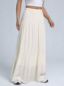 SHEIN EZwear Solid Ruffle Hem Maxi Skirt - Beige - View 5