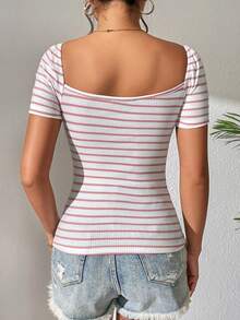 SHEIN PETITE 條紋印花前打結T恤 - 白色 - 查看 2