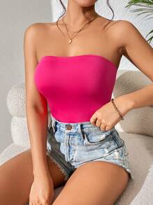 SHEIN PETITE Solid Tube Bodysuit - Hot Pink - View 6