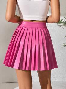 SHEIN PETITE Váy nữ Xếp li màu trơn Giải trí - Hồng - Xem 2