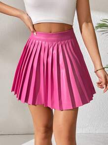 SHEIN PETITE Váy nữ Xếp li màu trơn Giải trí - Hồng - Xem 4